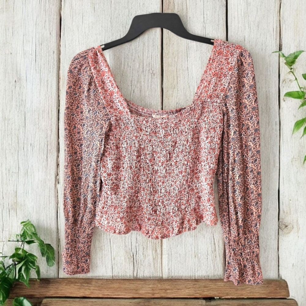 Sim & Sam Smocked Peasant Top Tiny Floral Rayon Long Puff Sleeve Coquette